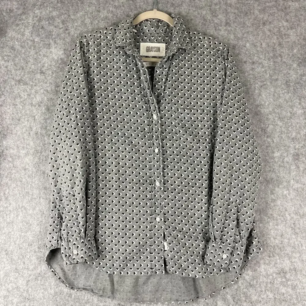 Grayson The Hero Top Womens 3 Medium Gray Heart Print Lyocell Button Up Soft - Picture 1 of 15